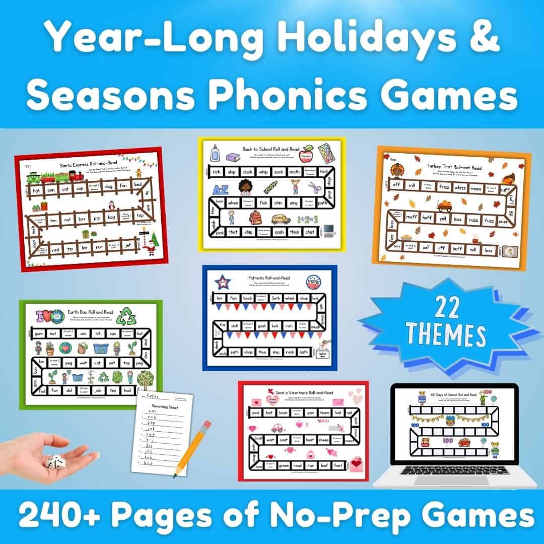 Graphic with yearlong holiday & seasons phonics board games on TPT.