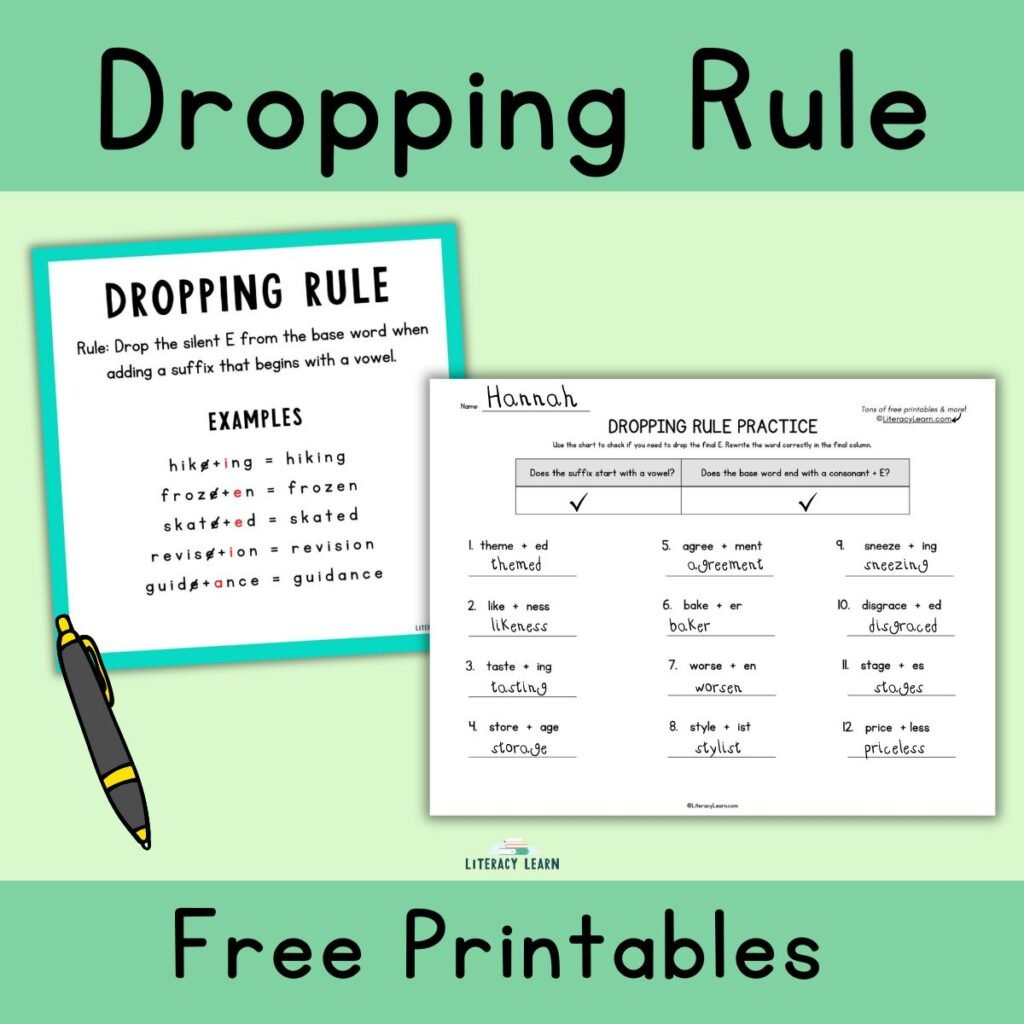 Colorful graphic with free printables for teaching the dropping rule.