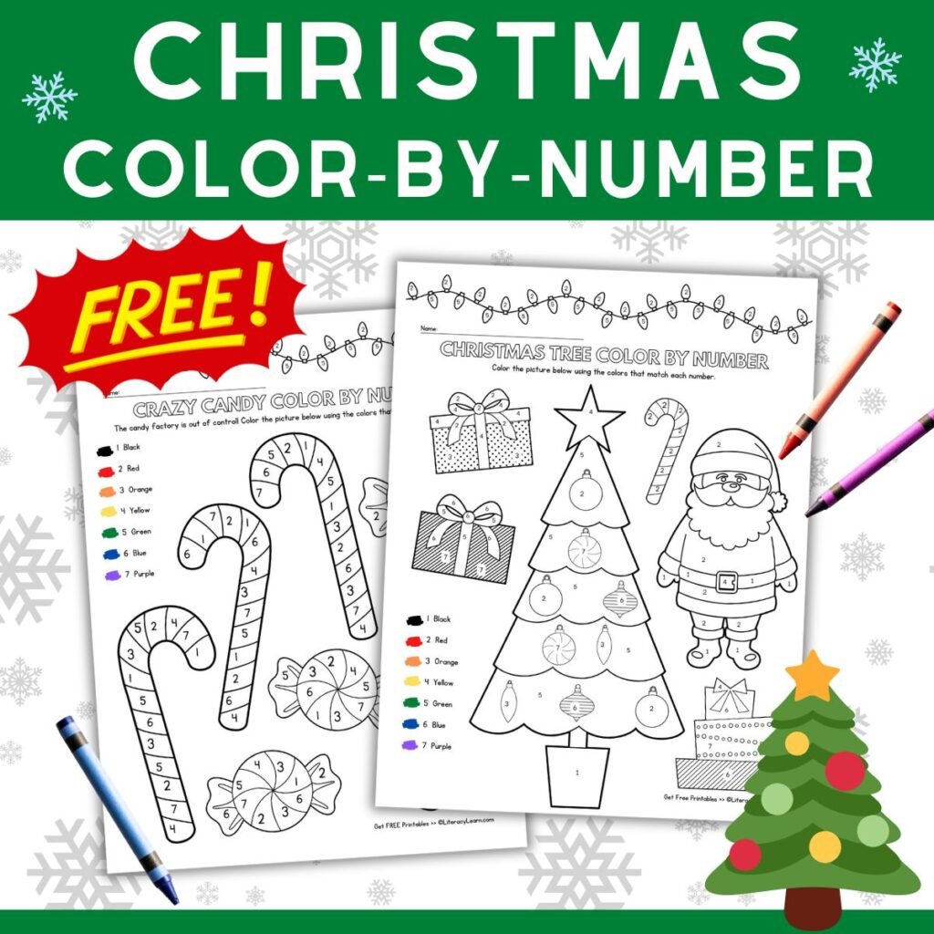 Colorful graphic with two free printable Christmas color-by-number pages.