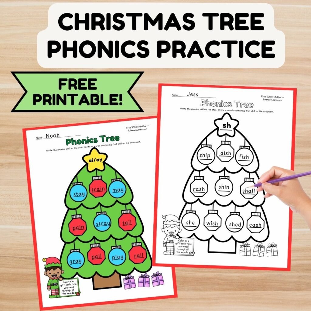 Colorful graphic with free printable Christmas tree worksheet for phonics practice.