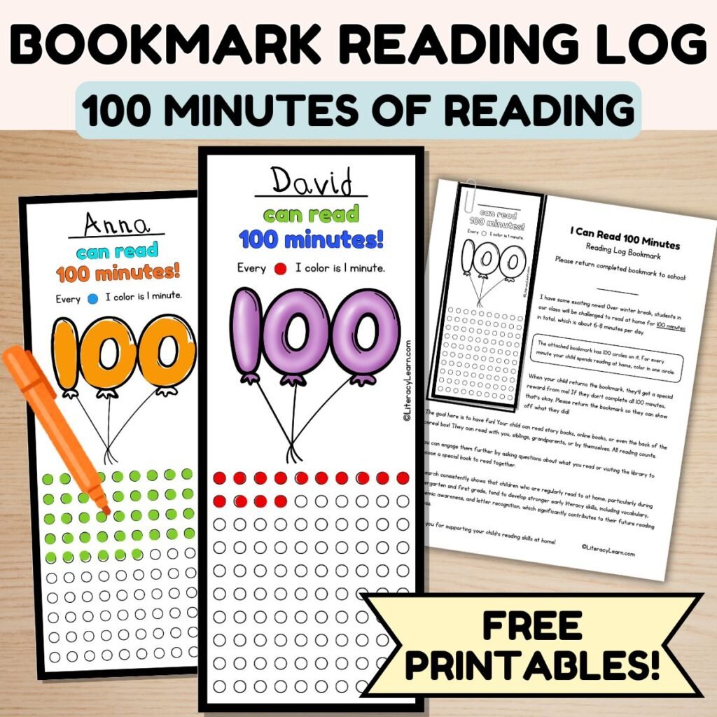 Colorful graphic with free printable bookmark reading logs for 100 minutes of reading.