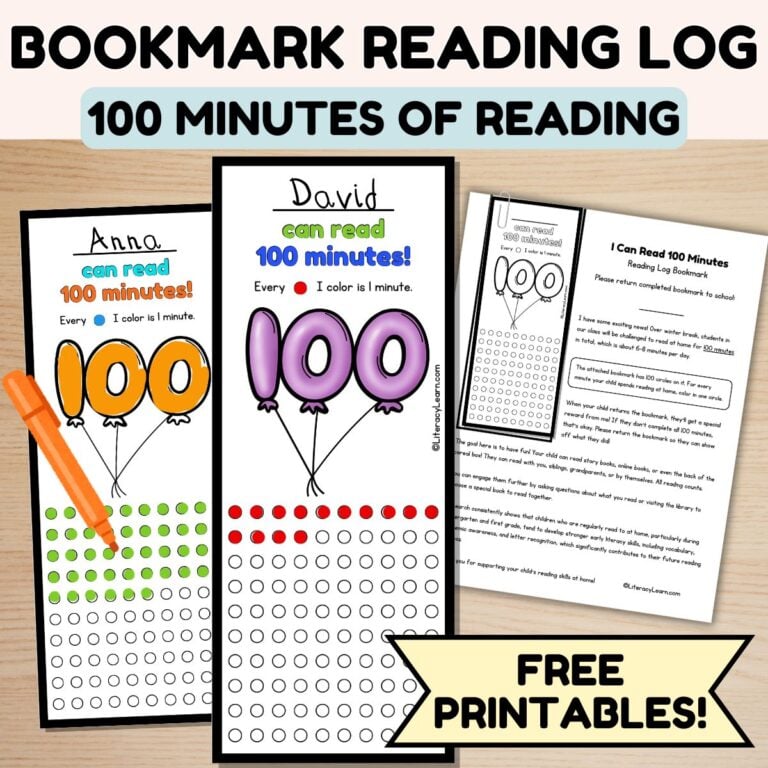 FREE Reading Log Bookmark: 100 Minutes of Reading