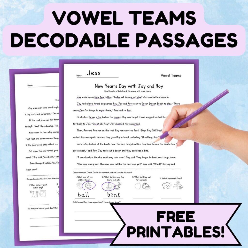 Colorful graphic with two free printable vowel teams decodable passages worksheets.