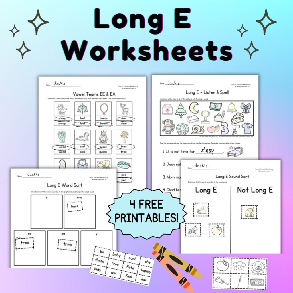 Purple graphic entitled "Long E Worksheets" with images of four free worksheets and crayons.