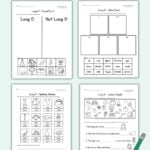 Light green Pinterest graphic showing 4 free Long O worksheets with pencil and scissors.
