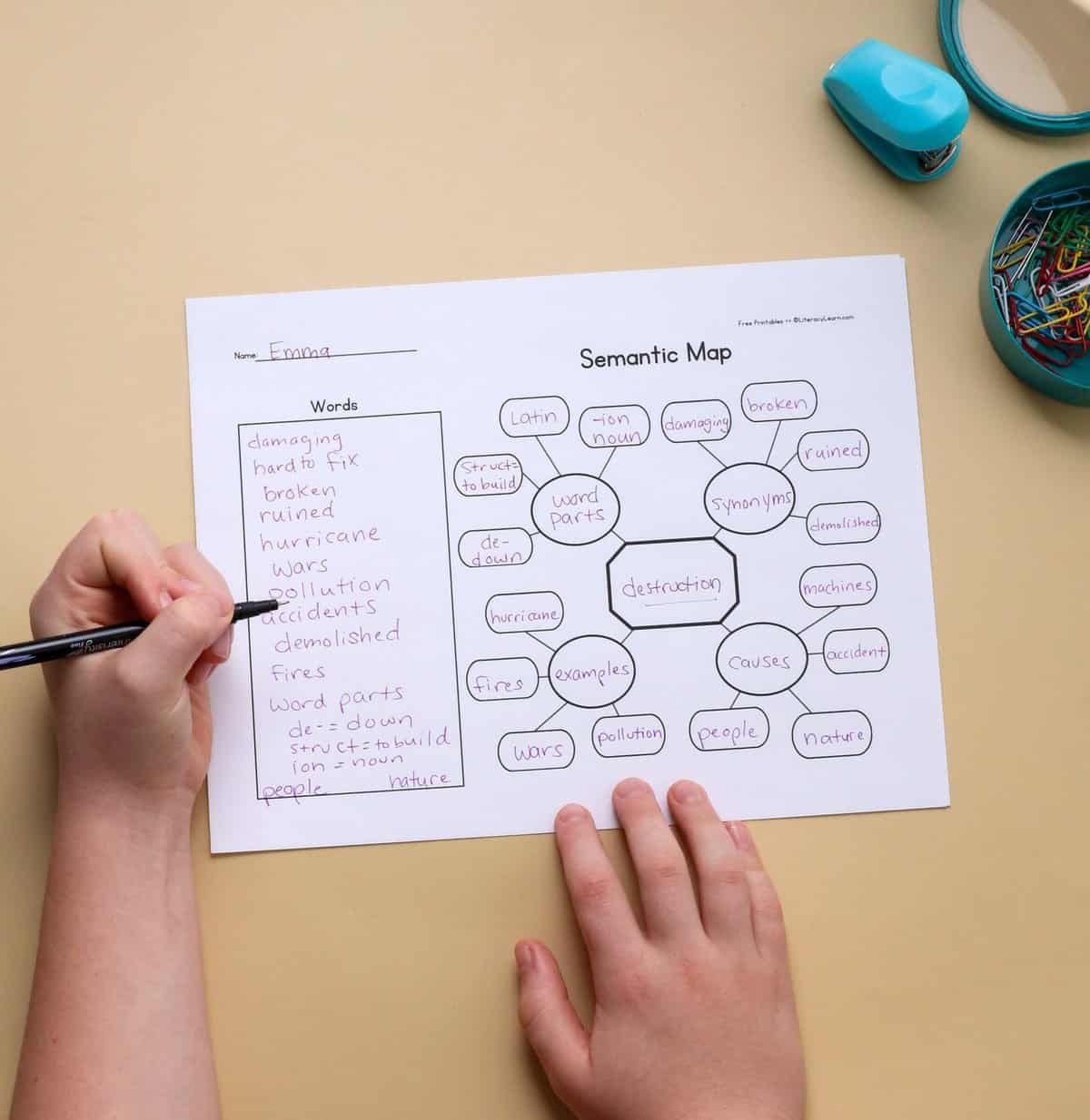 A printed and completed semantic map template as an example of how to map the word "destruction."