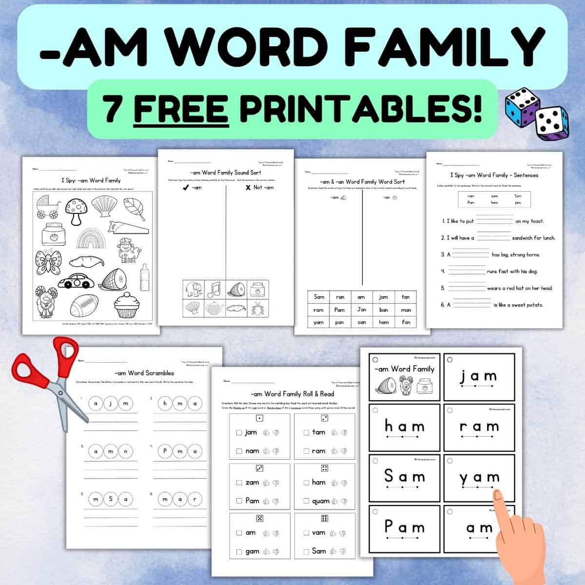 Colorful graphic with 7 free printable worksheets focusing on -am word family words.