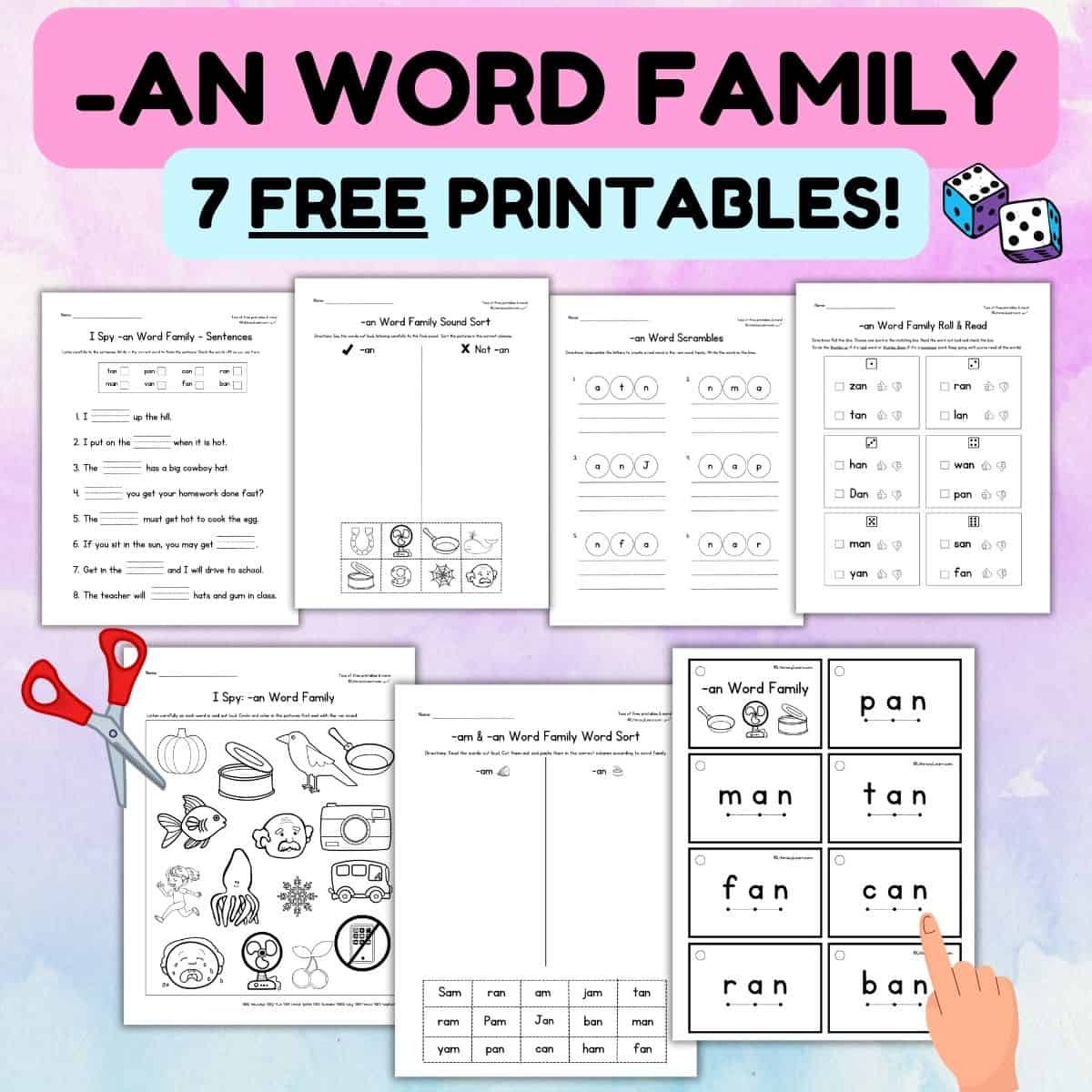 Colorful graphic with 7 free printable -An word family worksheets. 