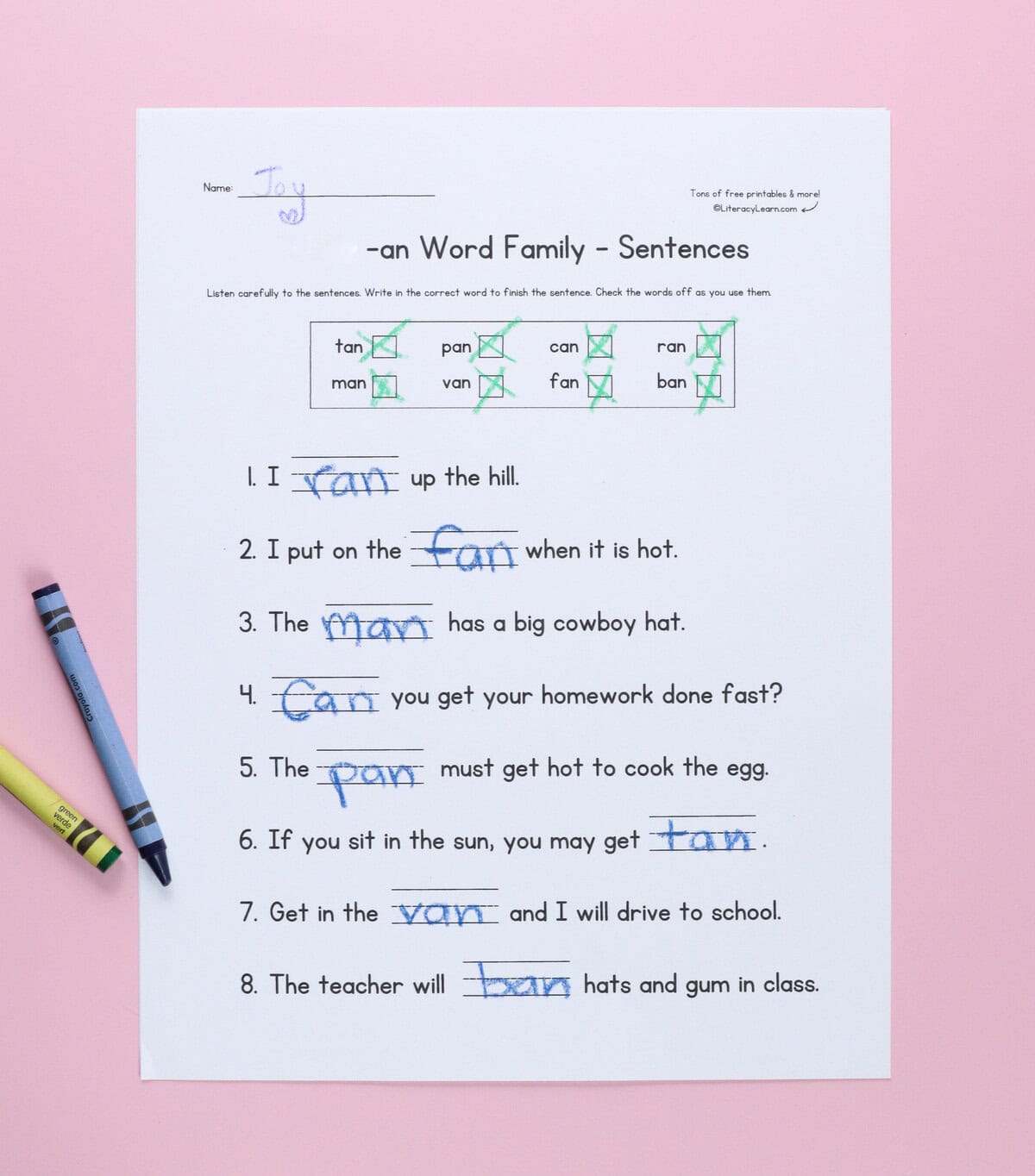 A fill-in-the-blank worksheet with -an words completing the sentences.