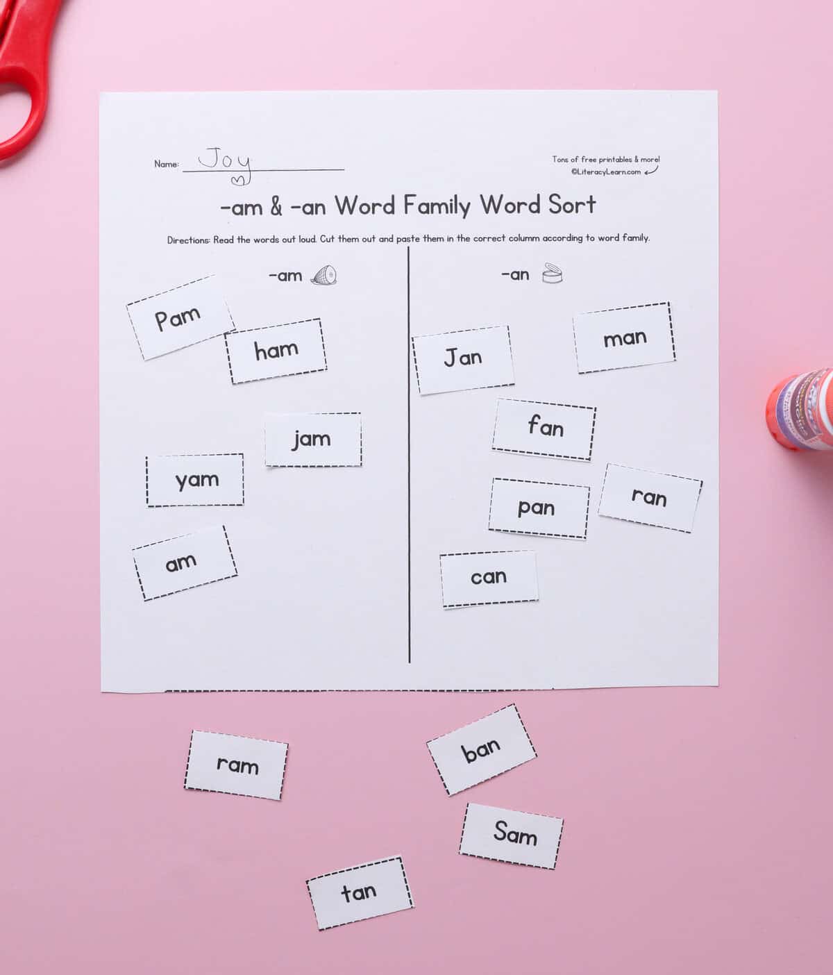 A printed worksheet with -an and -am family words cut out and pasted in columns. 