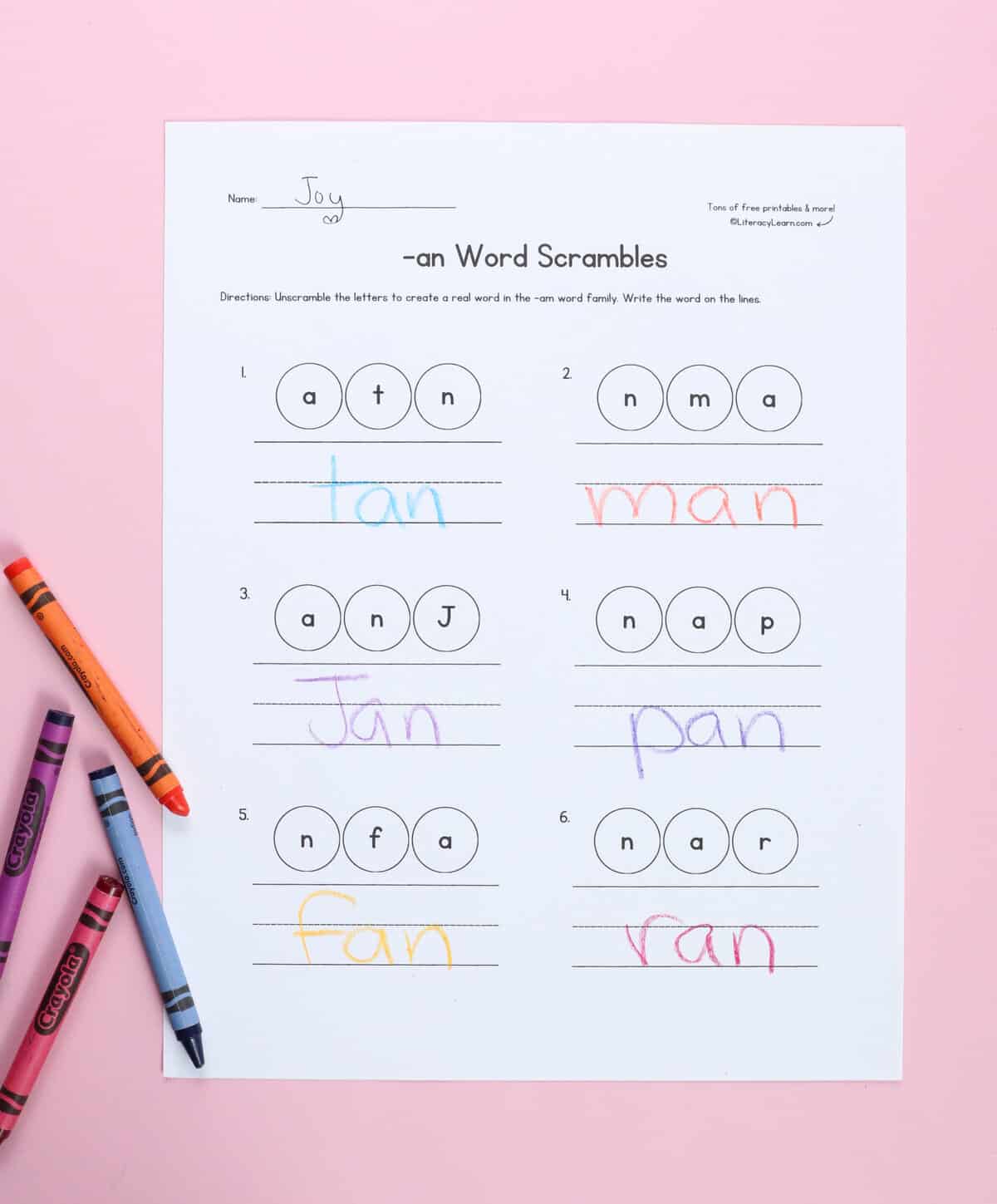 A printed and completed -an word scramble worksheet. 