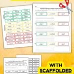 Yellow Pinterest graphic titled, "Build a Sentence Free Printables" with worksheets and scissors.