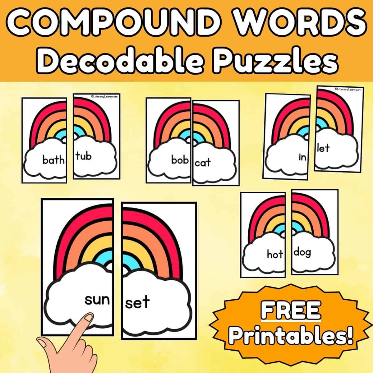 Colorful graphic with rainbow word puzzles titled, "Compound Words Decodable Puzzles."