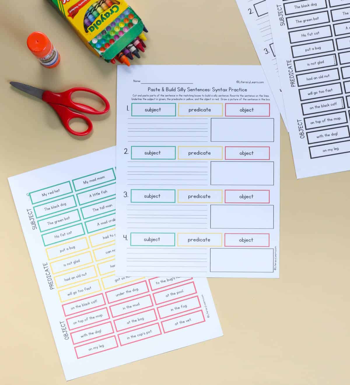Two printable pages of syntax practice sentence building worksheets.