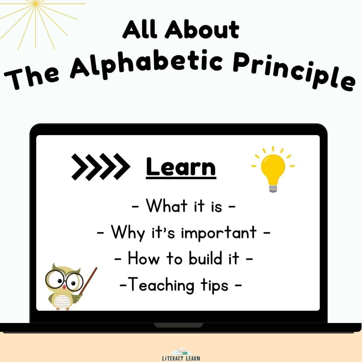 Graphic entitled "All About the Alphabetic Principle" with a laptop displaying "Learn" with items listed.