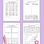 Purple graphic showing 4 free long i worksheets with pen and scissors.