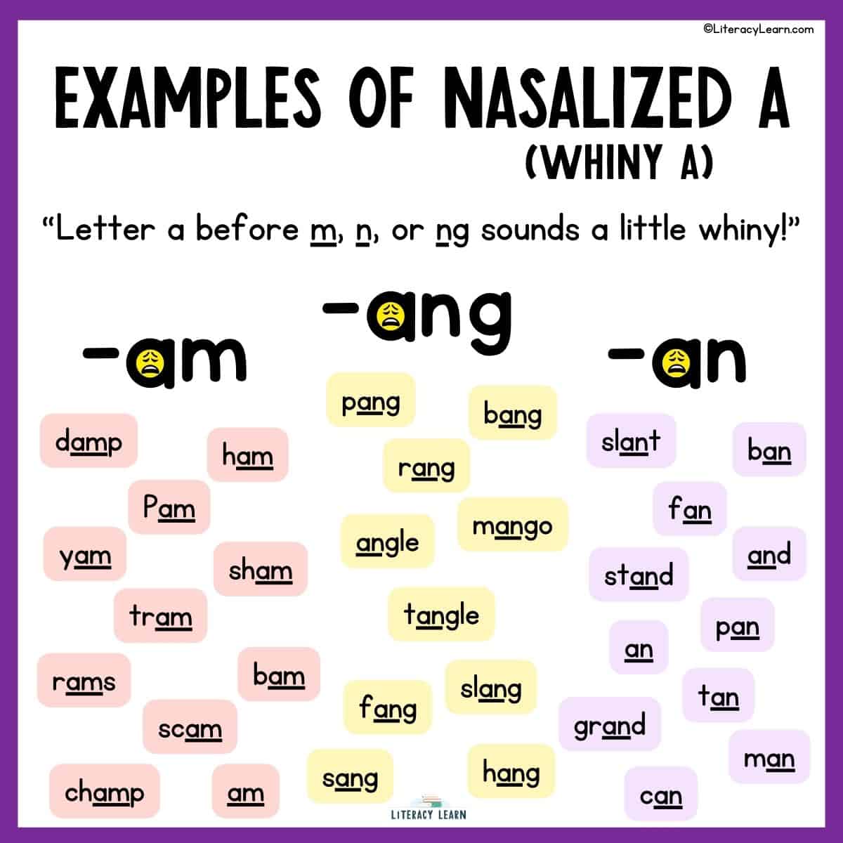 Graphic titled, "Examples of Nasalized A" with words that end in -am, -an, and -ang.