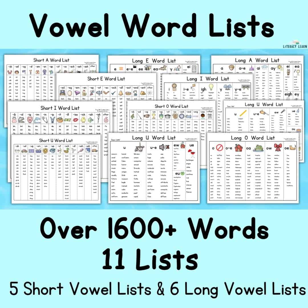 Blue graphic entitled "Vowel Word Lists" with images of long and short vowel lists.