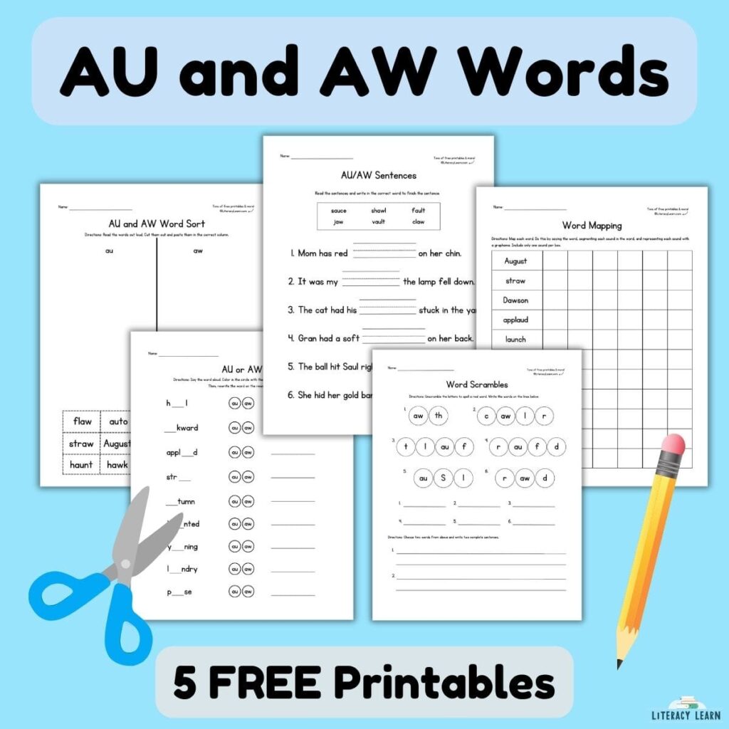 Blue graphic with five worksheets for AU and AW words.