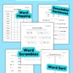 Blue graphic with five worksheets for AU and AW words.