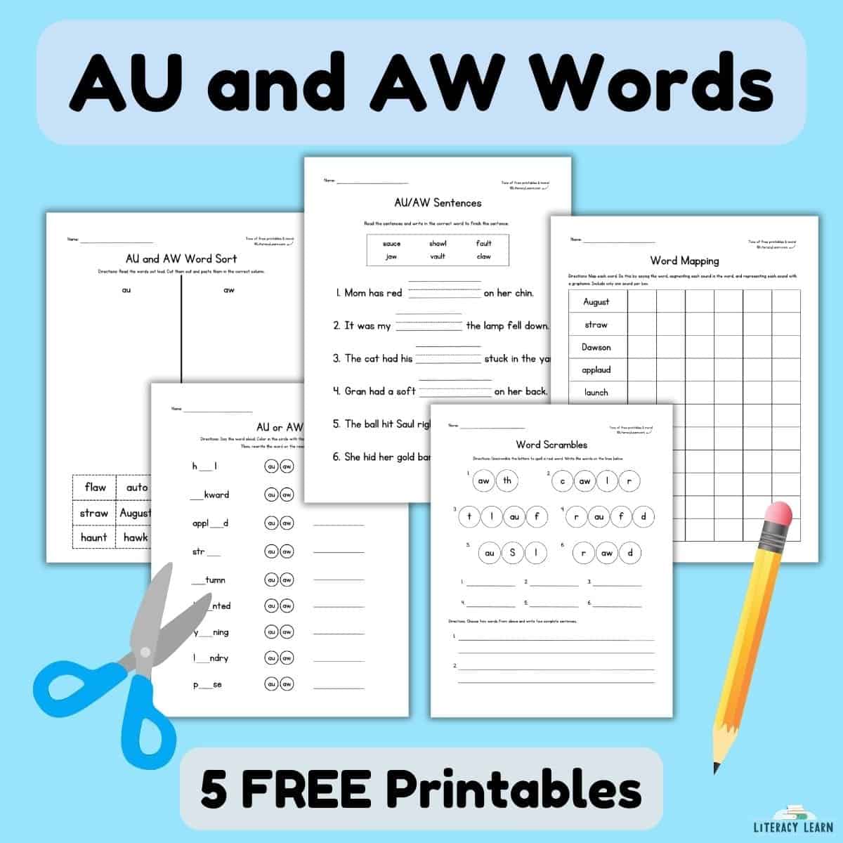 Blue graphic with five worksheets for AU and AW words.