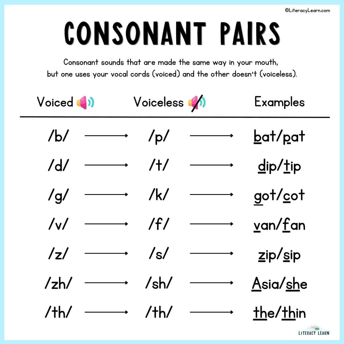 Graphic showing consonant pairs (voiced vs voiceless) with definition and examples.