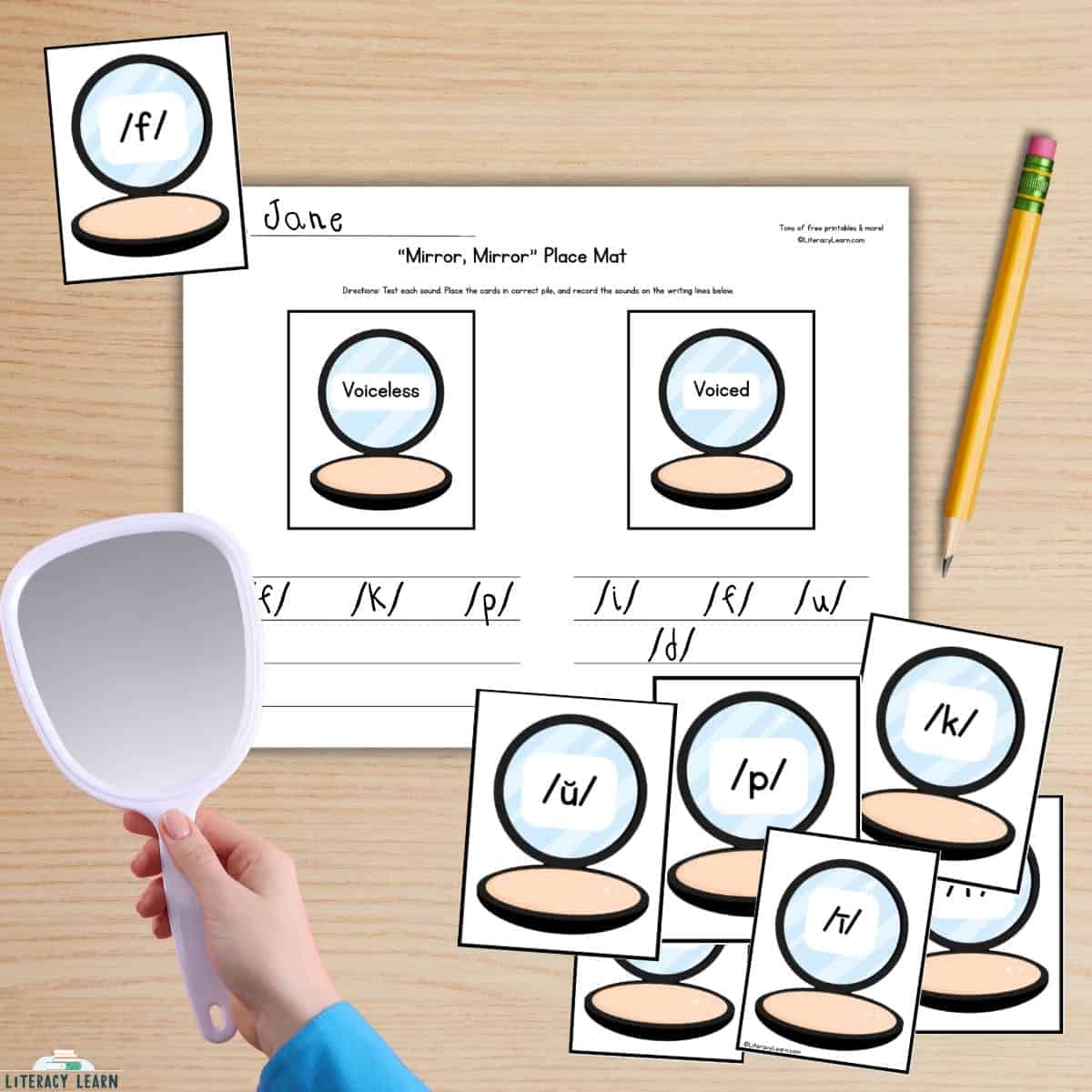 Graphic showing Voiced/Voiceless sounds activity with compact mirrors and recording worksheet.