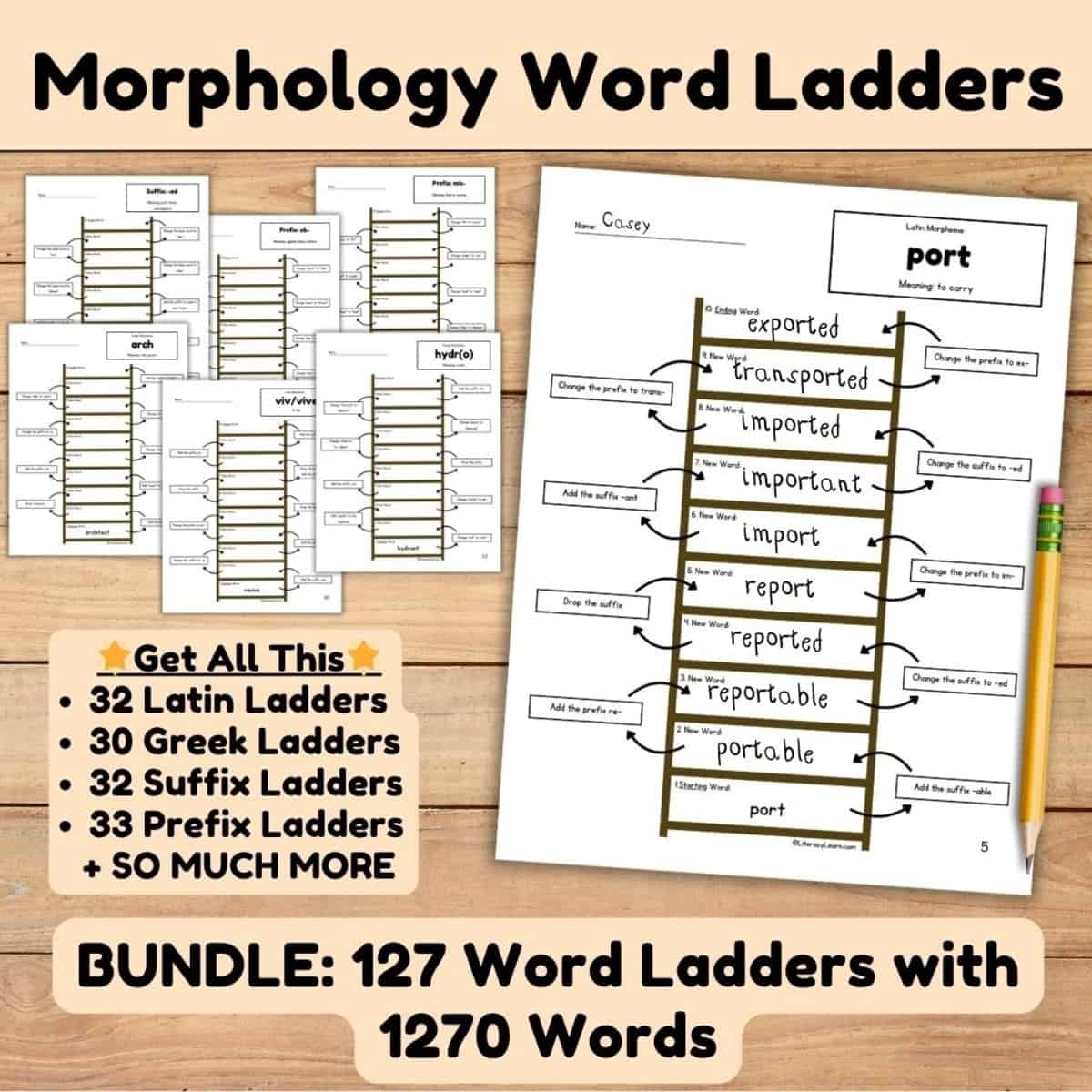 Graphic entitled "Morphology Word Ladders Bundle" displaying worksheets on a wood-colored background.