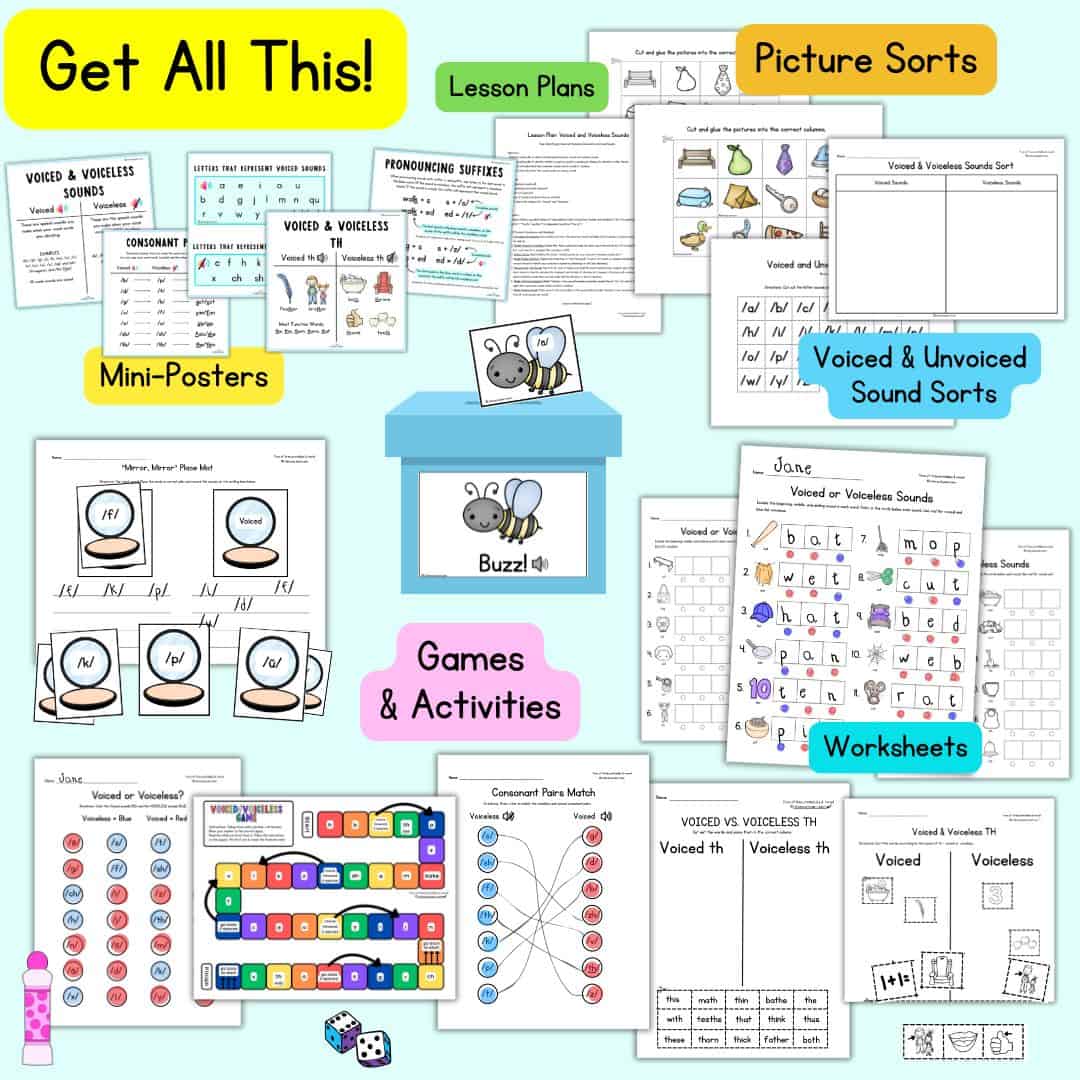 Graphic showing all activities included in a Voiced/Voiceless TPT product: sorts, plans, posters, worksheets, games.