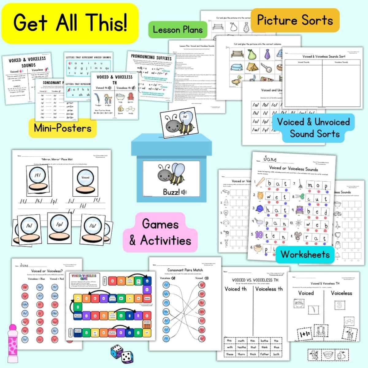 Graphic showing voiced and voiceless activities for students to practice this concept.