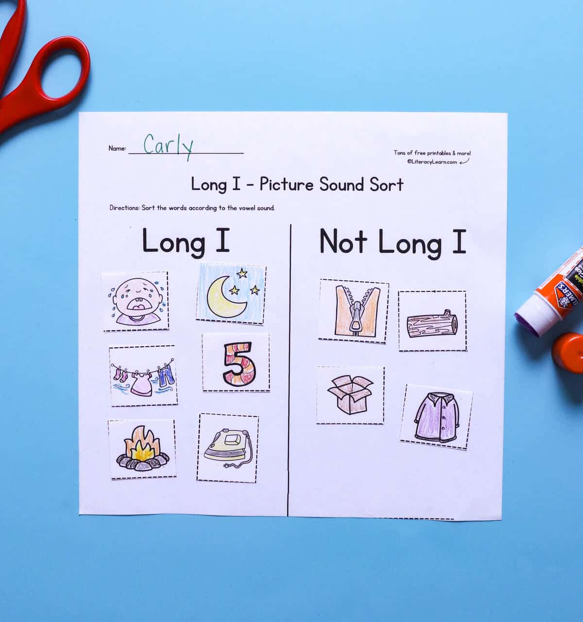 A printed and completed Long I sound sort worksheet.