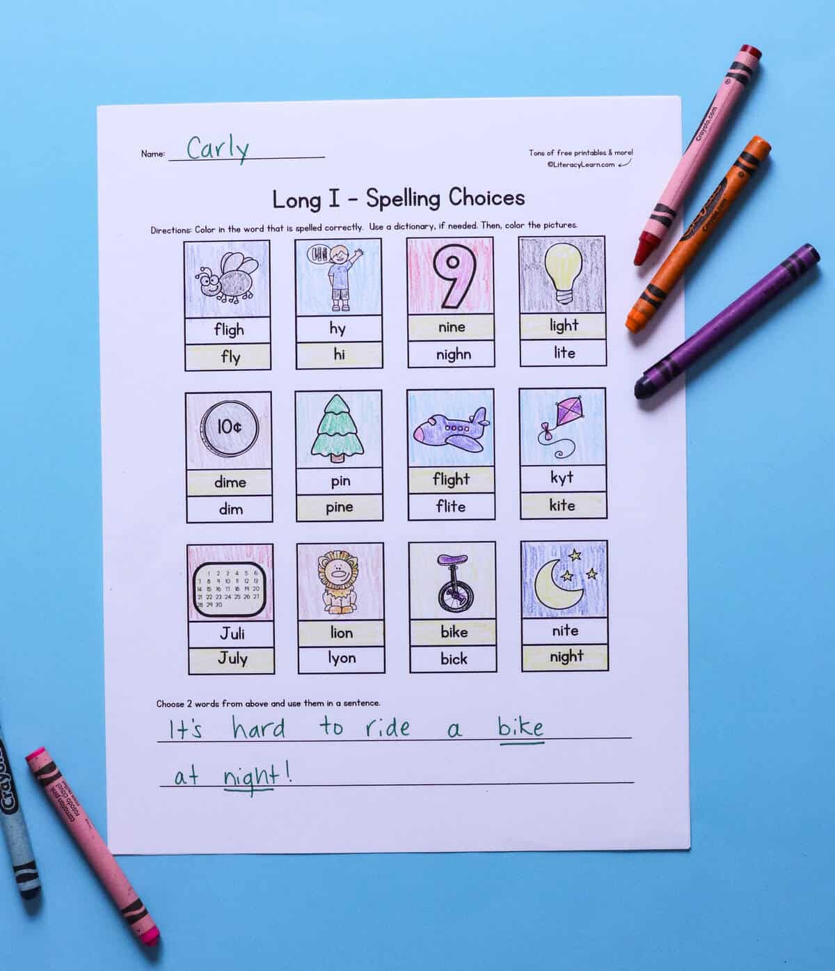A printed and completed Long I spelling choices worksheet.