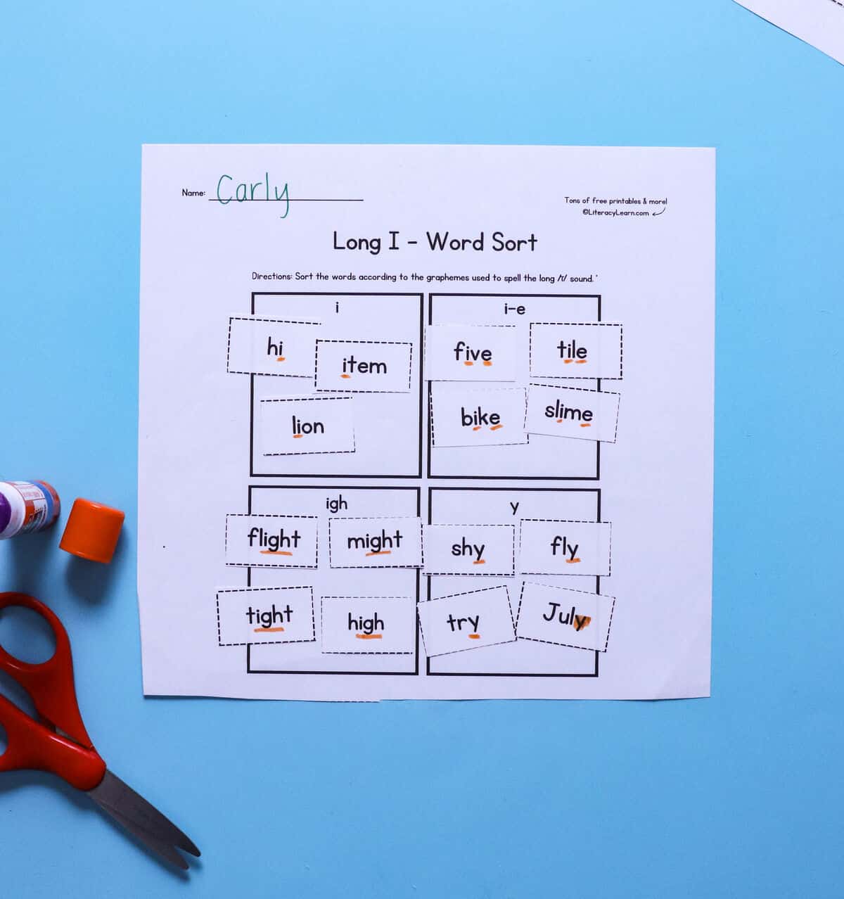 A printed and completed long I word sorting worksheet.