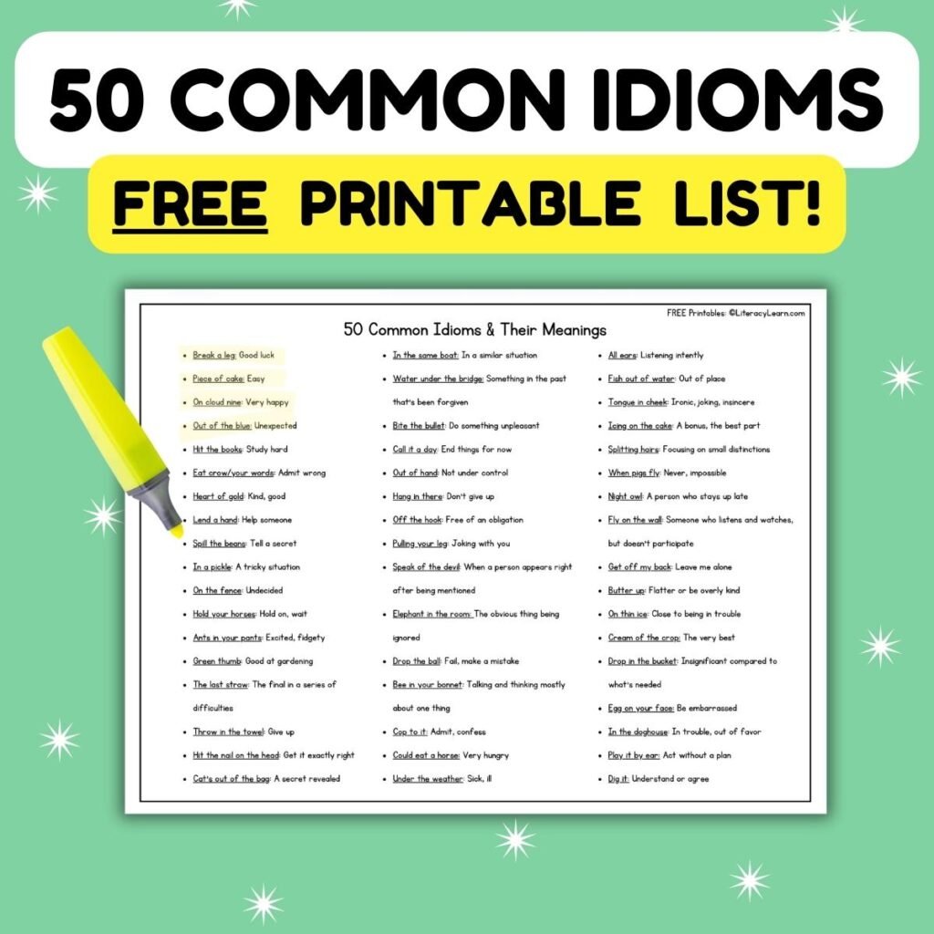 Graphic titled, "50 common idioms: free printable list."