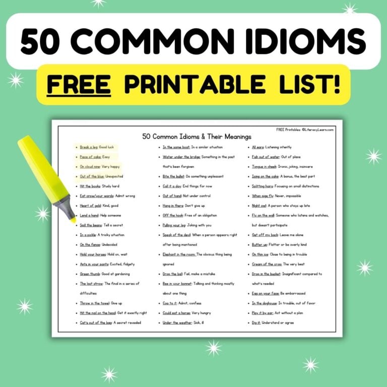 50 Common Idioms & Their Meanings: FREE Printable