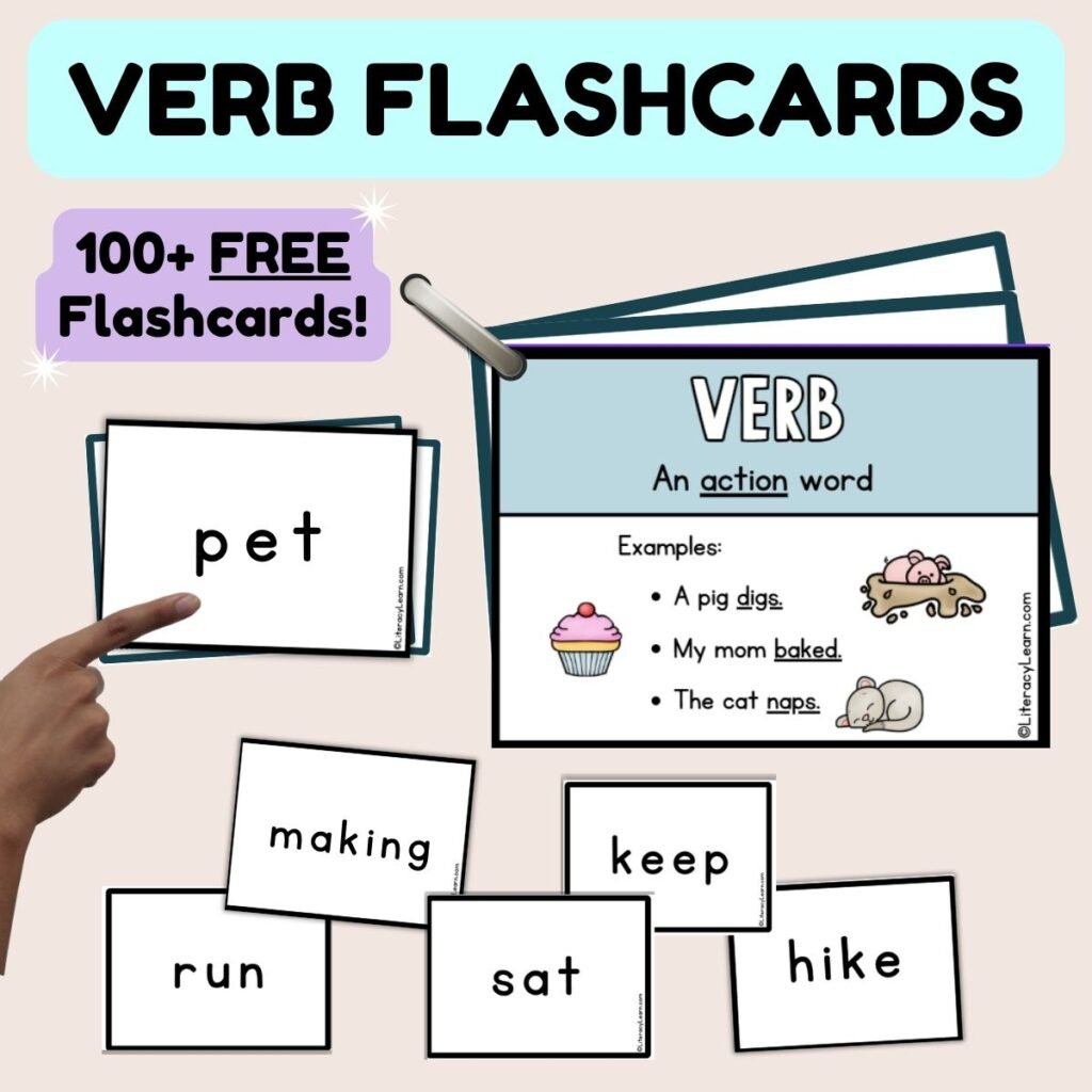 Graphic titled, "Verb Flashcards: 100+ FREE Flashcards."