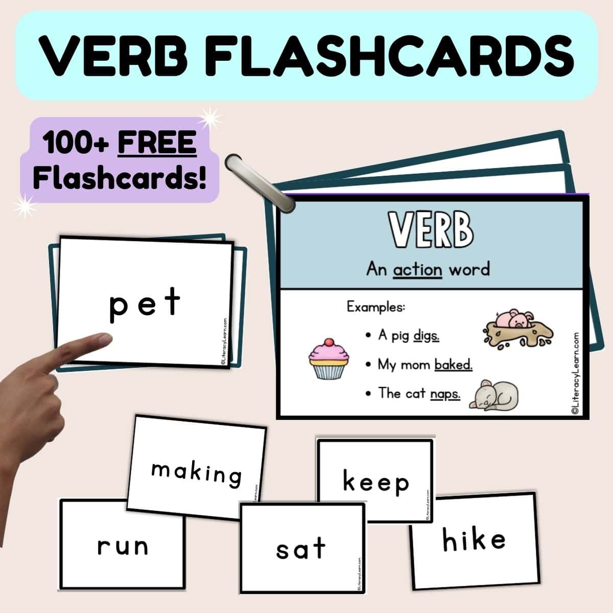 Graphic titled, "Verb Flashcards: 100+ FREE Flashcards."