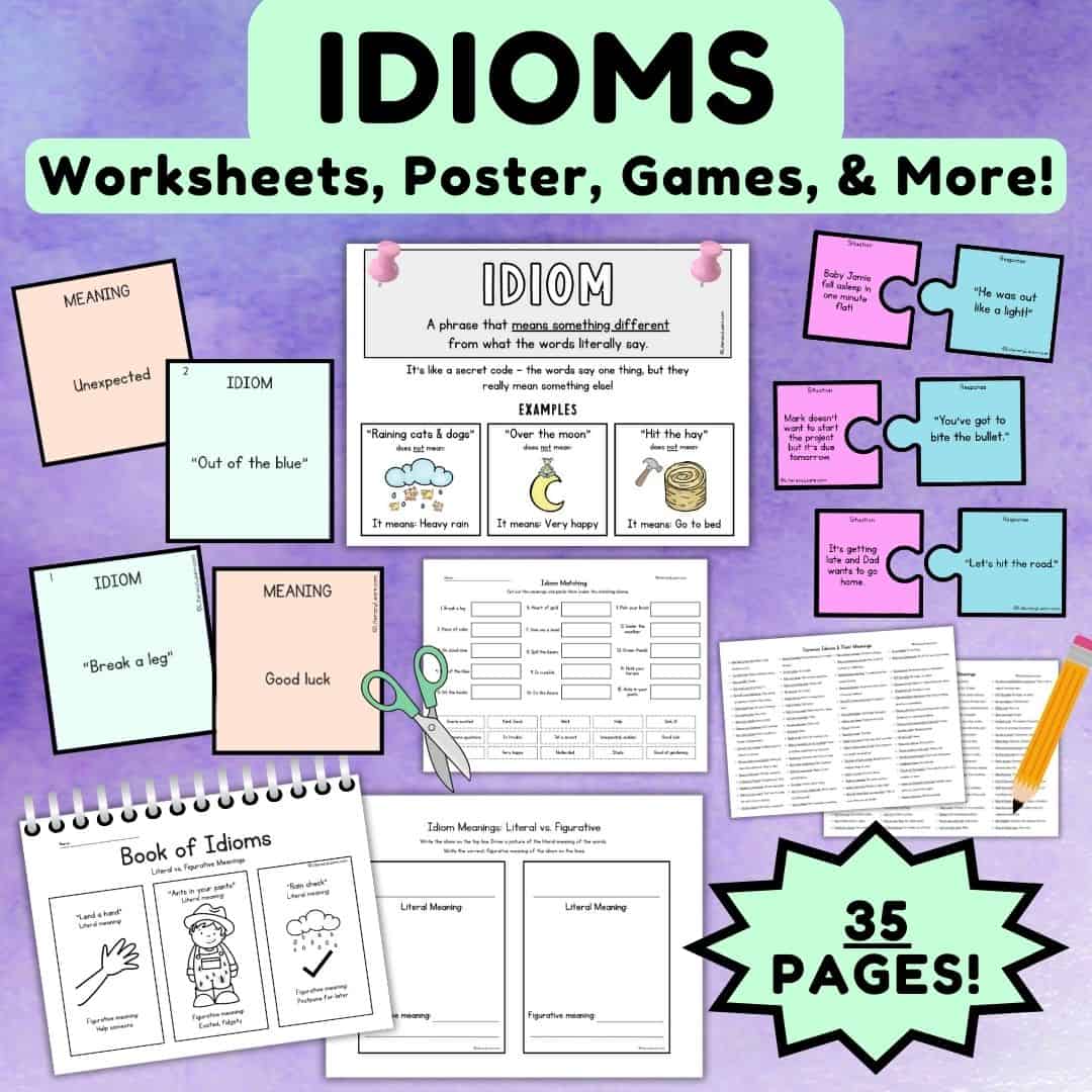Graphic with lots of idioms printable resources - worksheet, poster, games, and more.