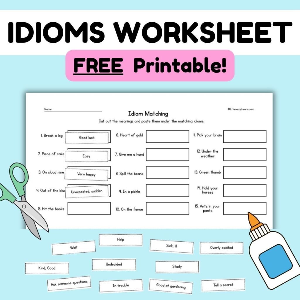 Graphic with a free printable idioms matching worksheet.