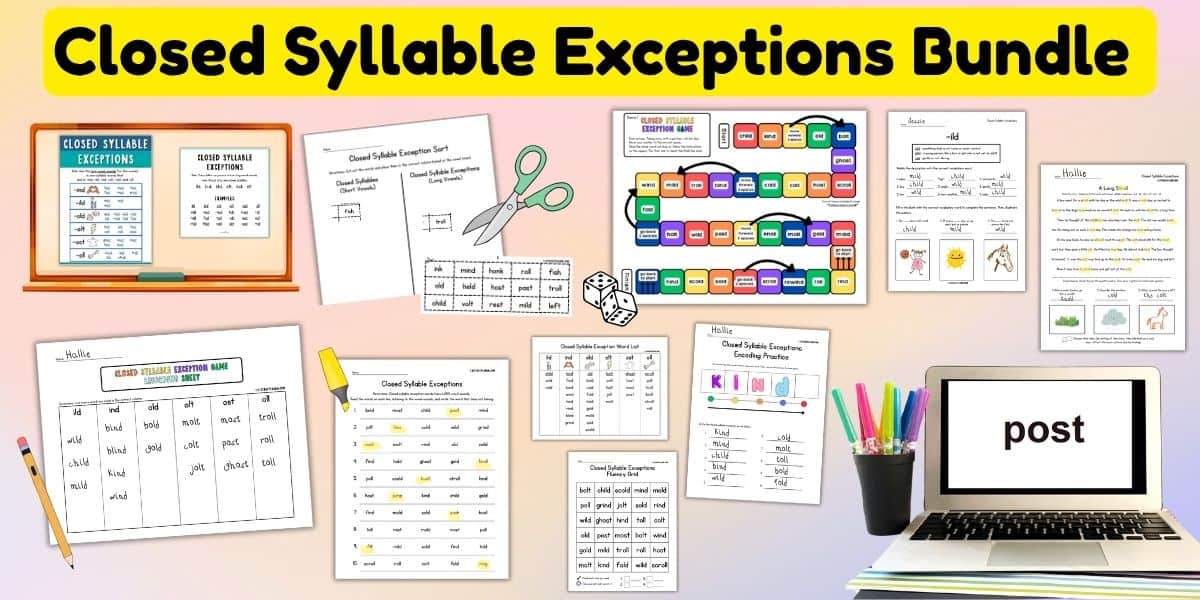 Graphic with collage of closed syllable exception resources.