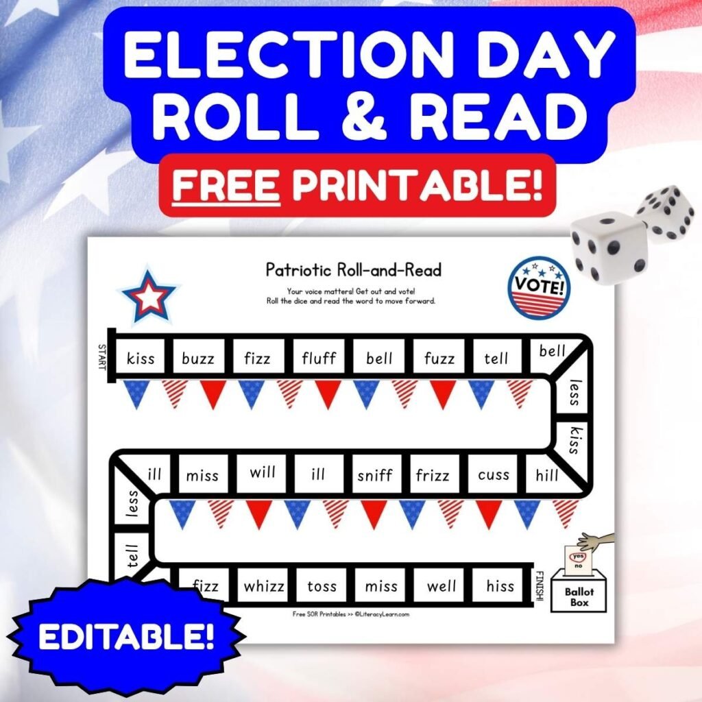 Graphic for a free printable "Election Day Roll & Read Game."
