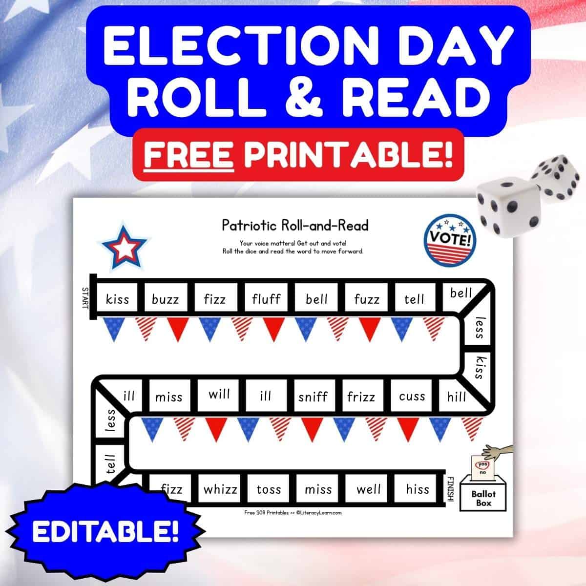 Graphic for a free printable "Election Day Roll & Read Game."