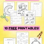 Colorful graphic with free printable letter c worksheets.