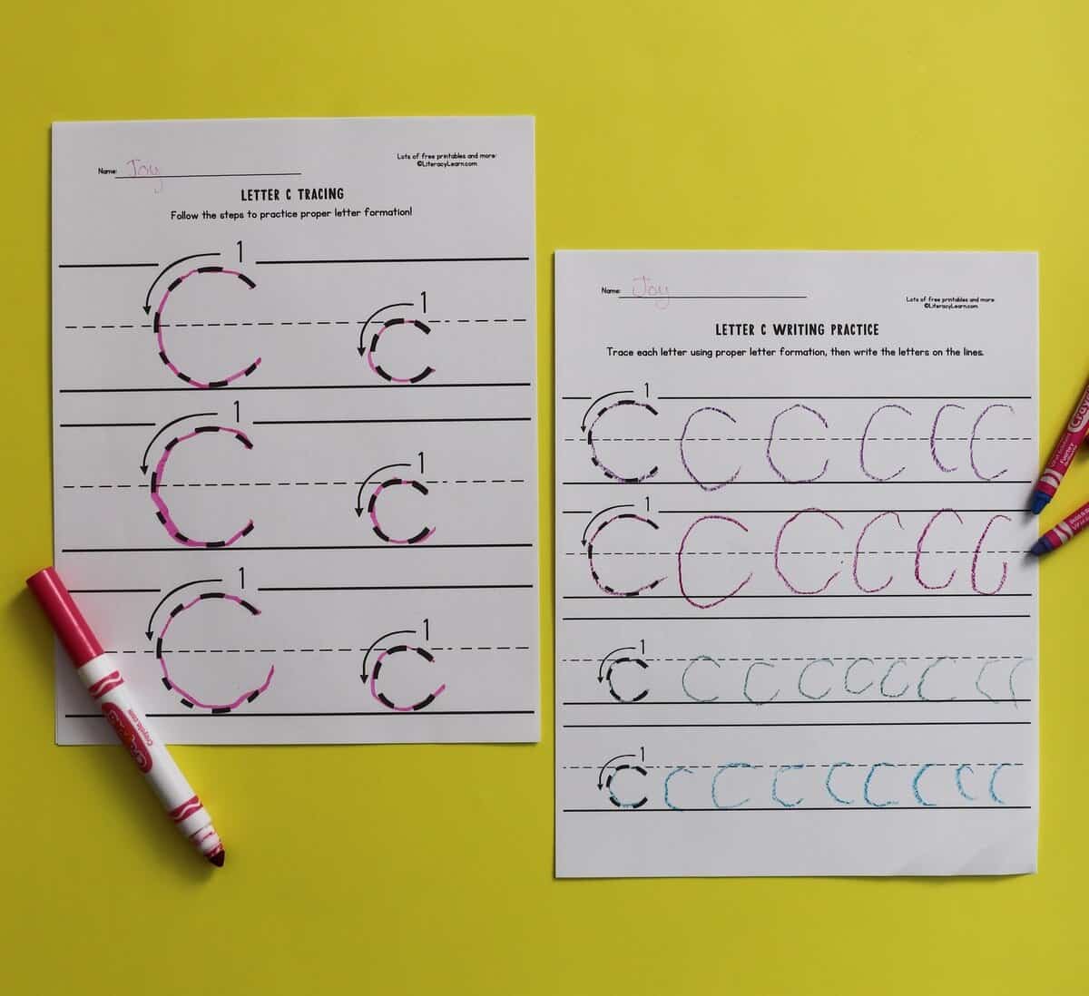 Two printed letter c tracing and letter writing worksheets.