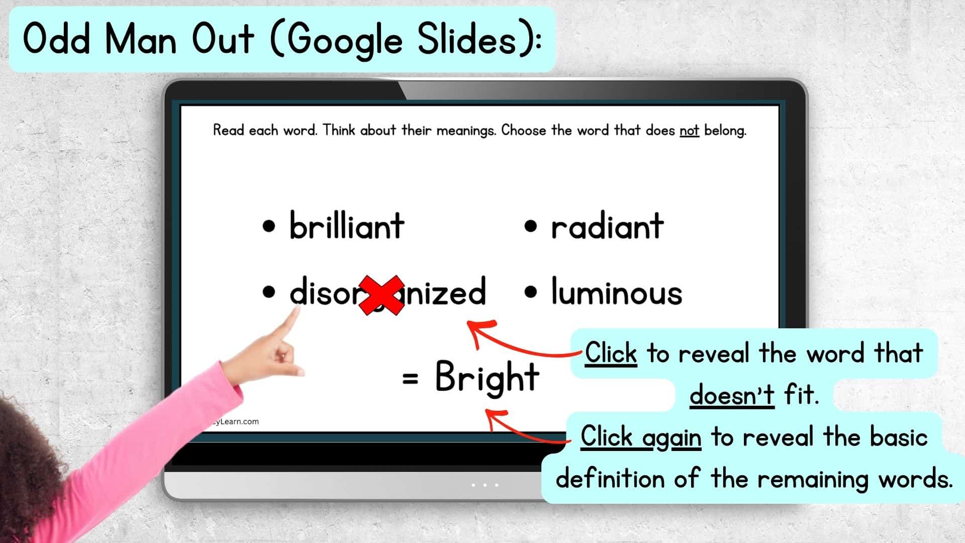 Graphic with a child's hand pointing to an Odd Man Out Slide with instructions on how to play.