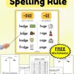 Graphic entitled "All About the ge vs. dge spelling rule" with graphic and free worksheets.