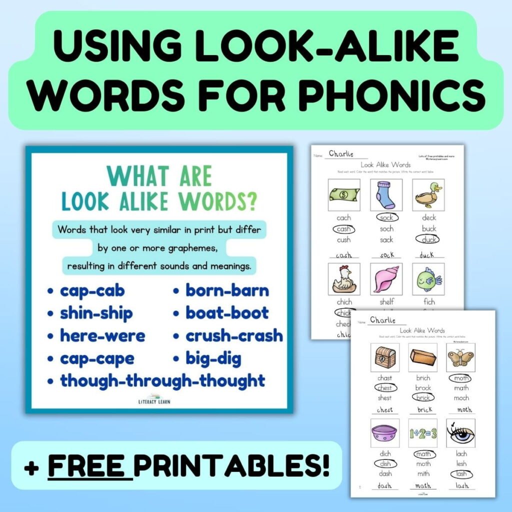 Blue graphic entitled "Look Alike Words for Phonics" with infographic and free printables.