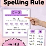 Graphic entitled k vs -ck spelling rule with mini-posters.