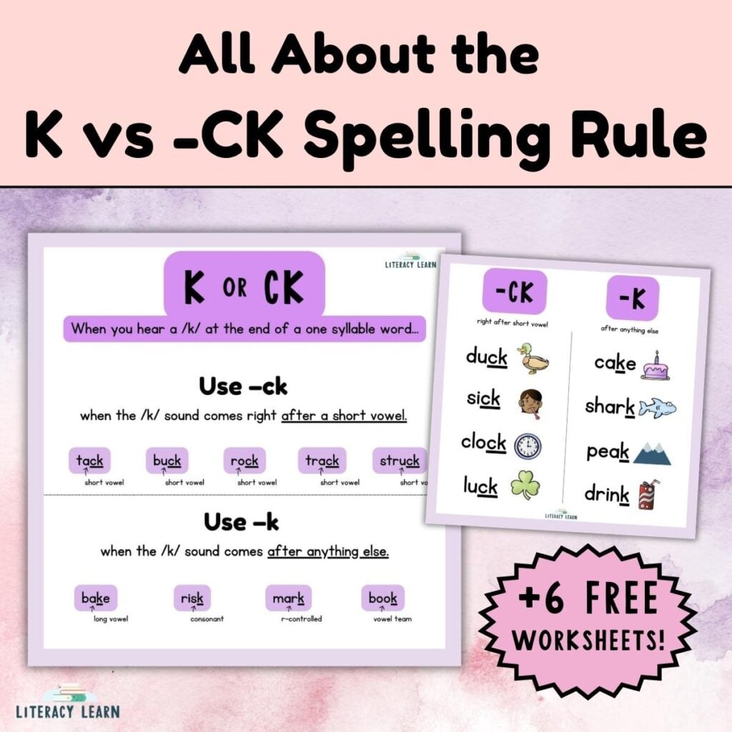 Graphic entitled "All About the K vs. CK Spelling Rule" with mini-posters and 6 worksheets.