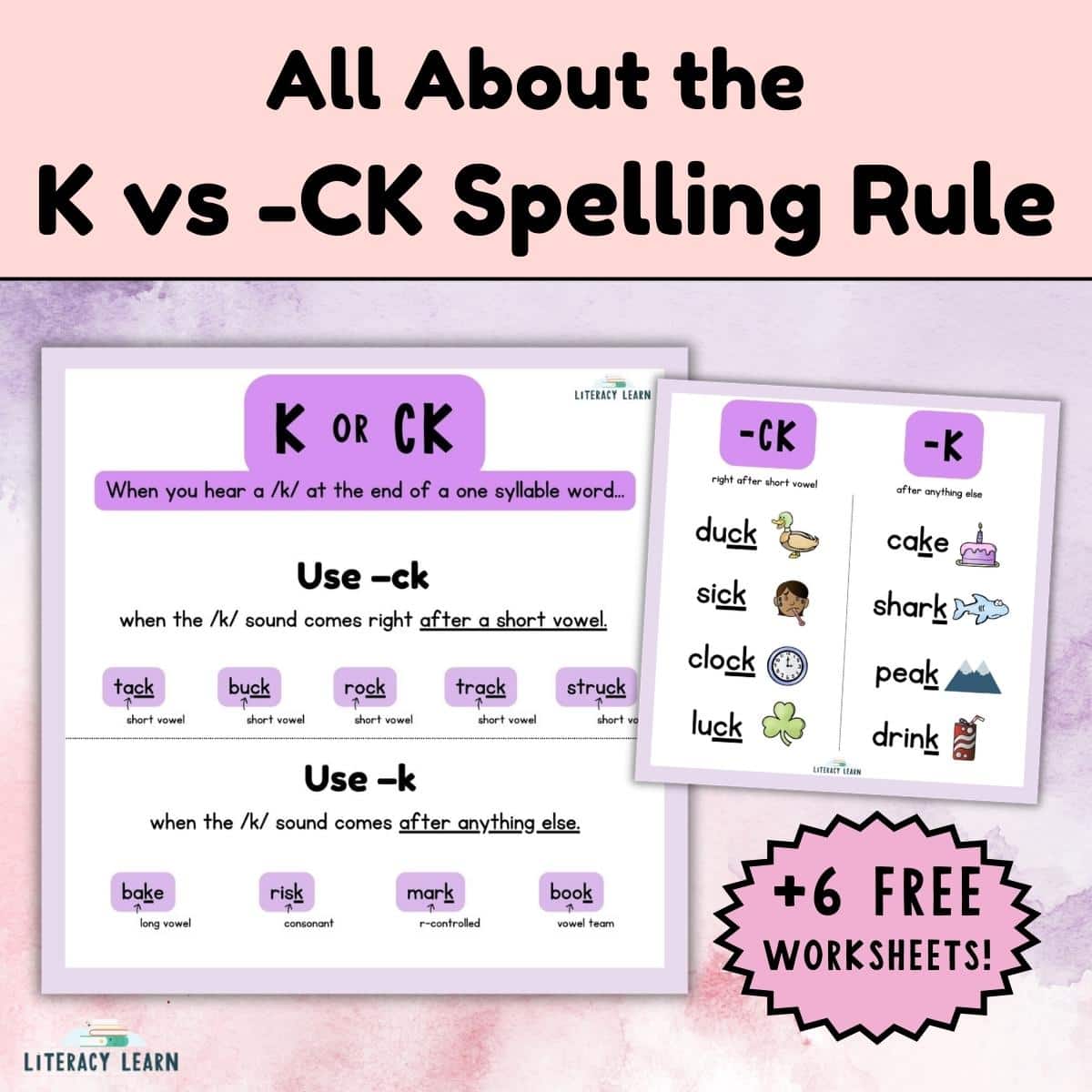 Purple graphic entitled "All About the K vs -ck spelling rule" with graphics.